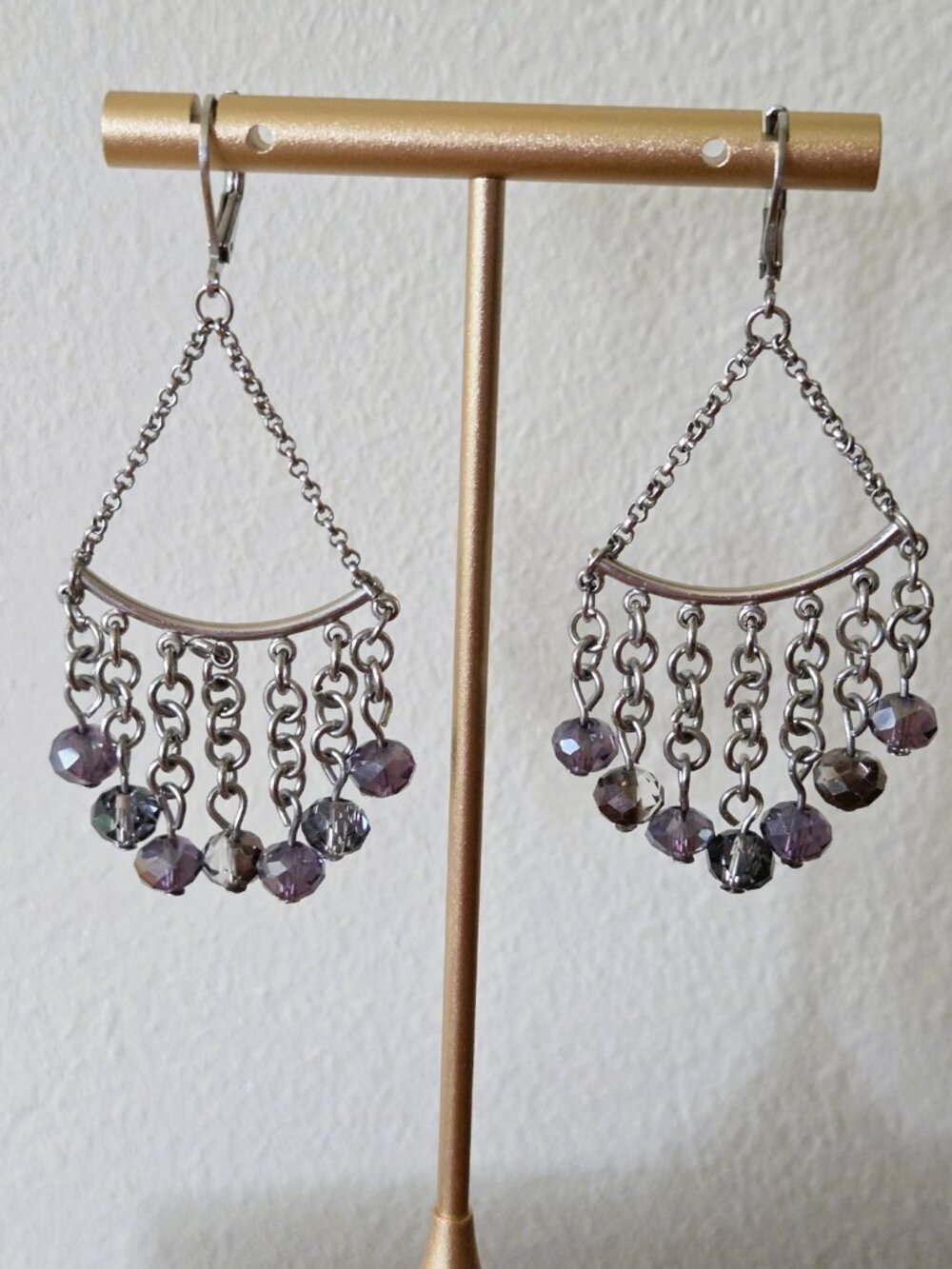 Chandelier Earrings Iridescent Purple Grey Faceted Beads on Chains Silver-toned
